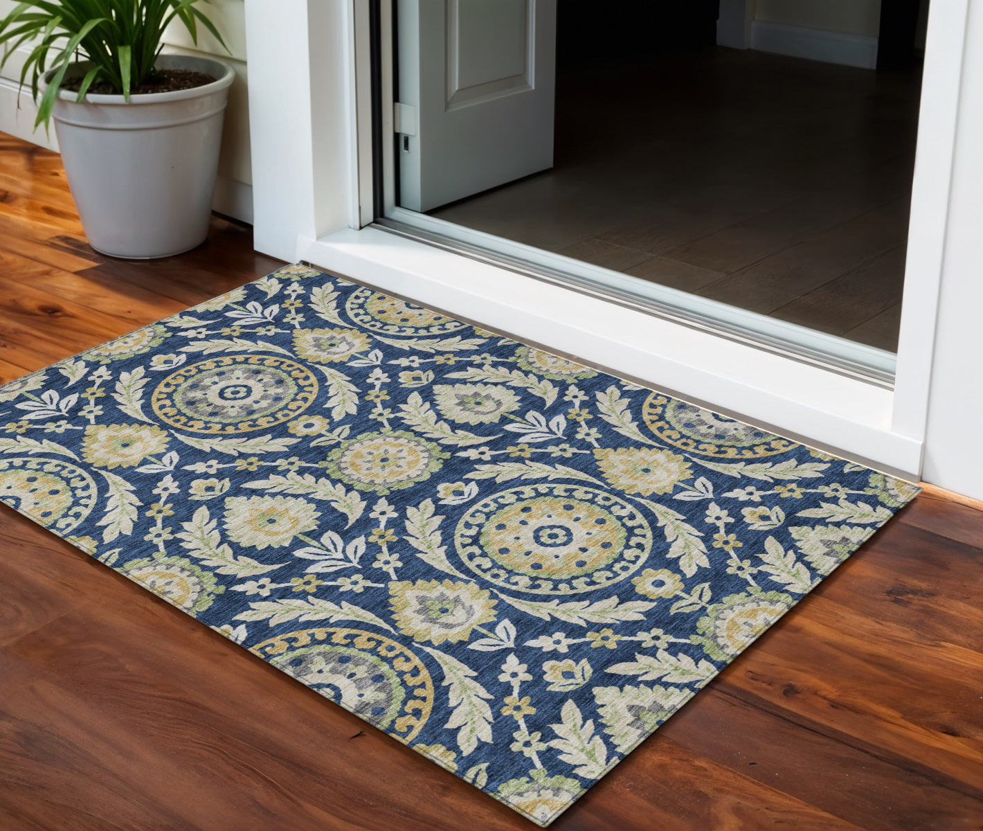 3 X 5 Navy Blue Gold And Beige Floral Washable Indoor Outdoor Area Rug