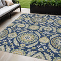 5 X 8 Navy Blue Gold And Beige Floral Washable Indoor Outdoor Area Rug