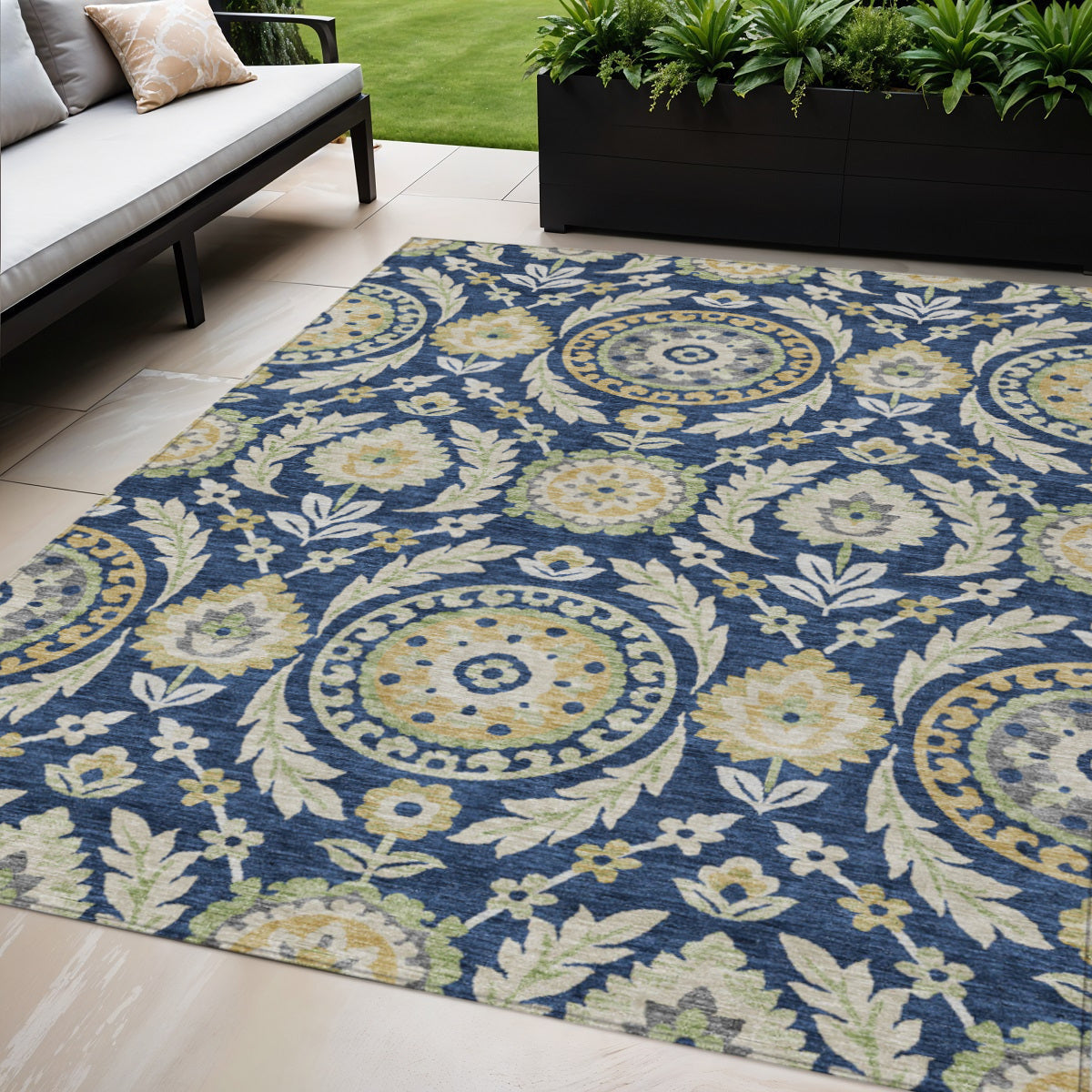 5 X 8 Navy Blue Gold And Beige Floral Washable Indoor Outdoor Area Rug
