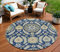 8 Navy Blue Gold And Beige Round Floral Washable Indoor Outdoor Area Rug