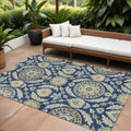 9 X 12 Navy Blue Gold And Beige Floral Washable Indoor Outdoor Area Rug