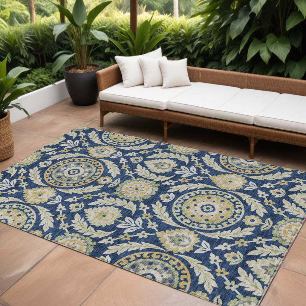 10 X 14 Navy Blue Gold And Beige Floral Washable Indoor Outdoor Area Rug