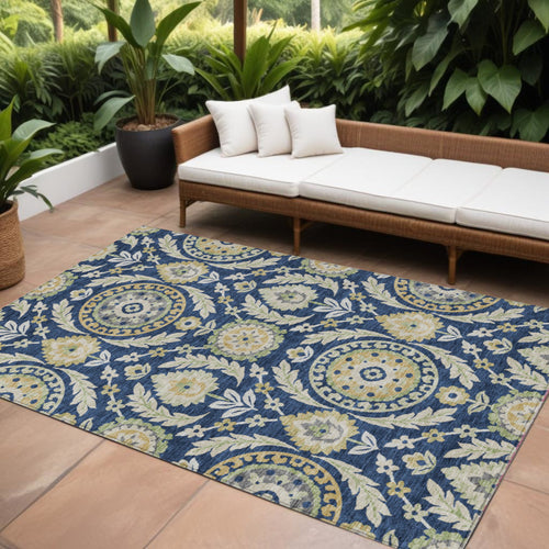 10 X 14 Navy Blue Gold And Beige Floral Washable Indoor Outdoor Area Rug