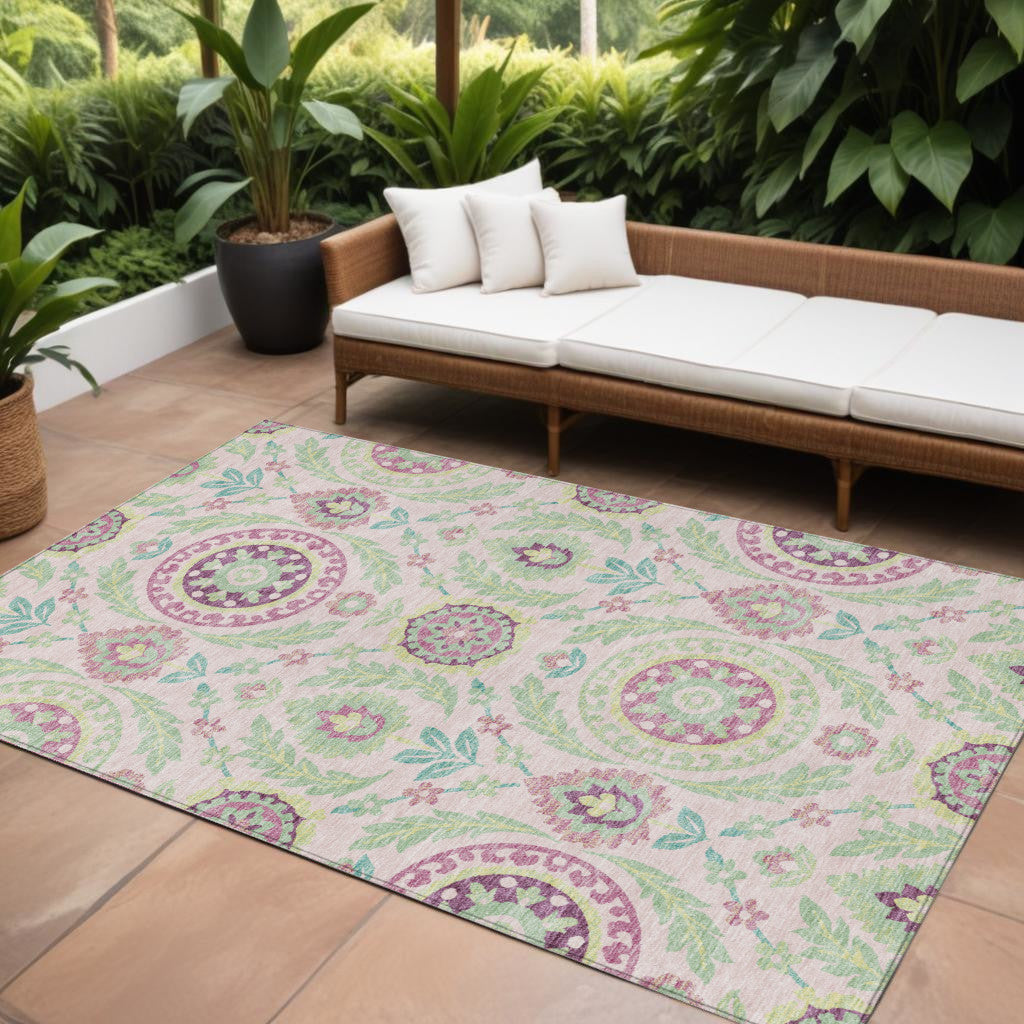 10 X 14 Pink Mauve And Mint Green Floral Washable Indoor Outdoor Area Rug