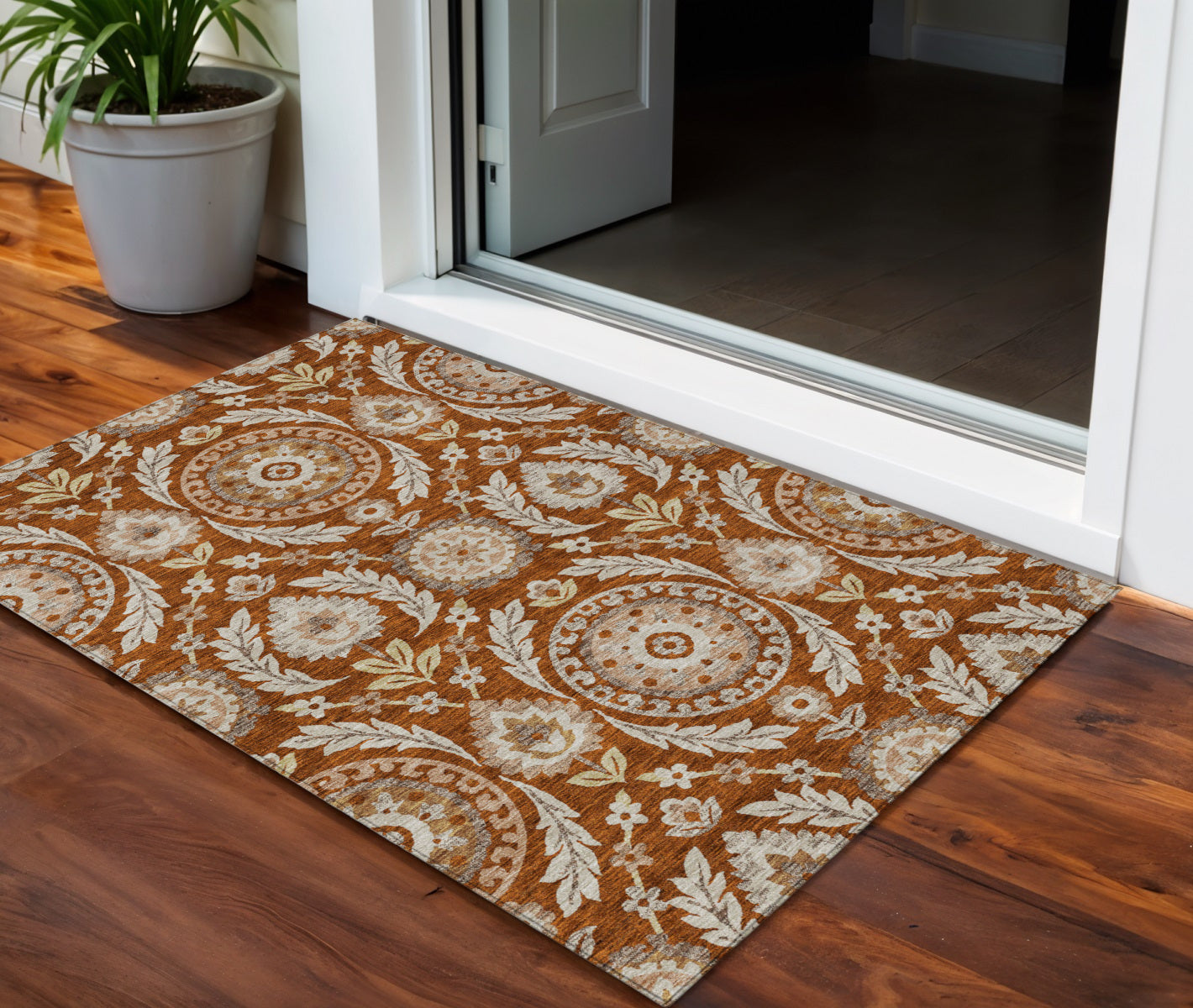 3 X 5 Orange Taupe And Gold Floral Washable Indoor Outdoor Area Rug