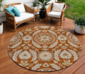 8 Orange Taupe And Gold Round Floral Washable Indoor Outdoor Area Rug