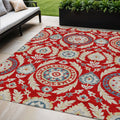 5 X 8 Red Beige And Navy Blue Floral Washable Indoor Outdoor Area Rug