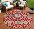 8 Red Beige And Navy Blue Round Floral Washable Indoor Outdoor Area Rug