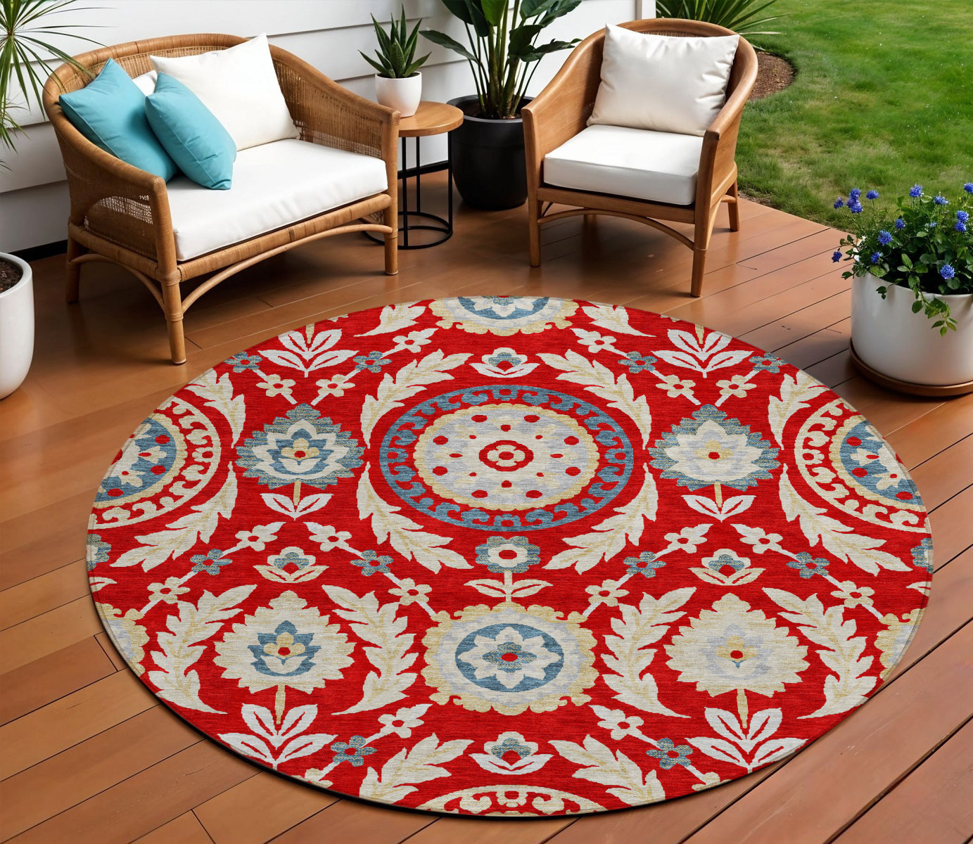 8 Red Beige And Navy Blue Round Floral Washable Indoor Outdoor Area Rug