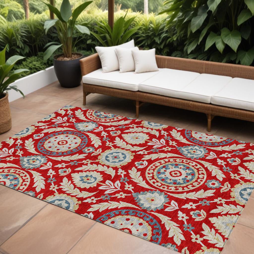 9 X 12 Red Beige And Navy Blue Floral Washable Indoor Outdoor Area Rug