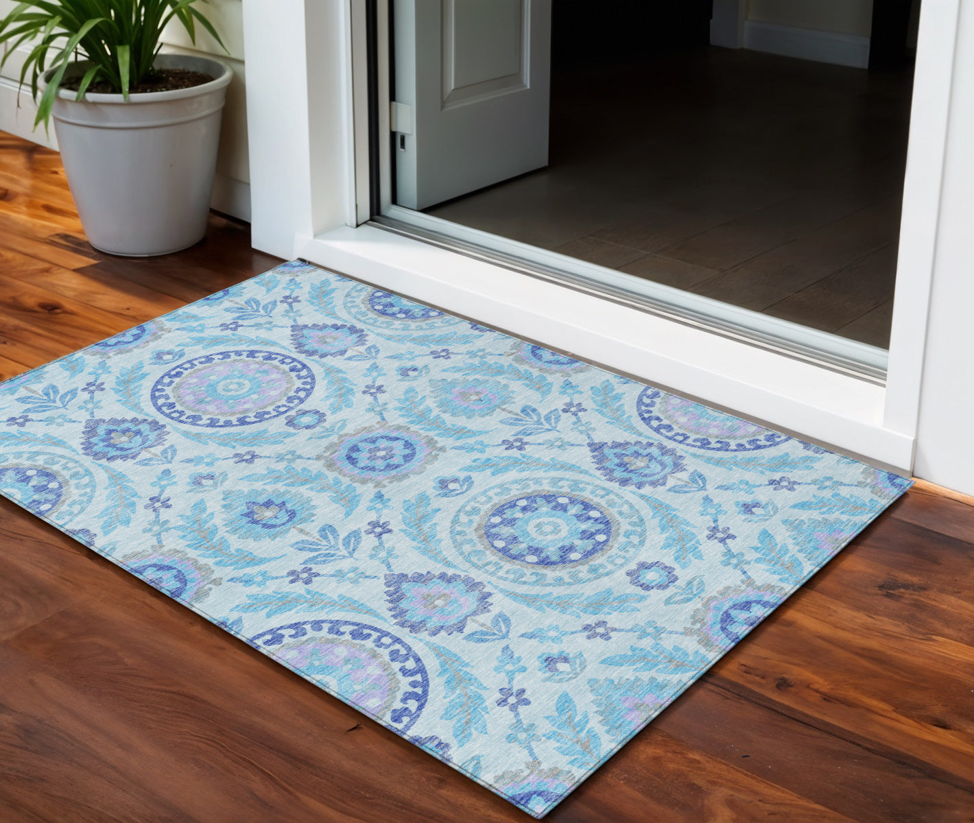 3 X 5 Sky Blue And Lavender Floral Washable Indoor Outdoor Area Rug