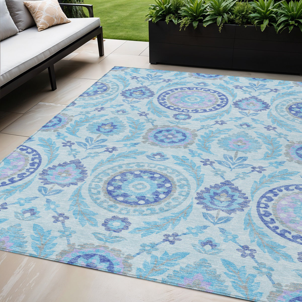 5 X 8 Sky Blue And Lavender Floral Washable Indoor Outdoor Area Rug