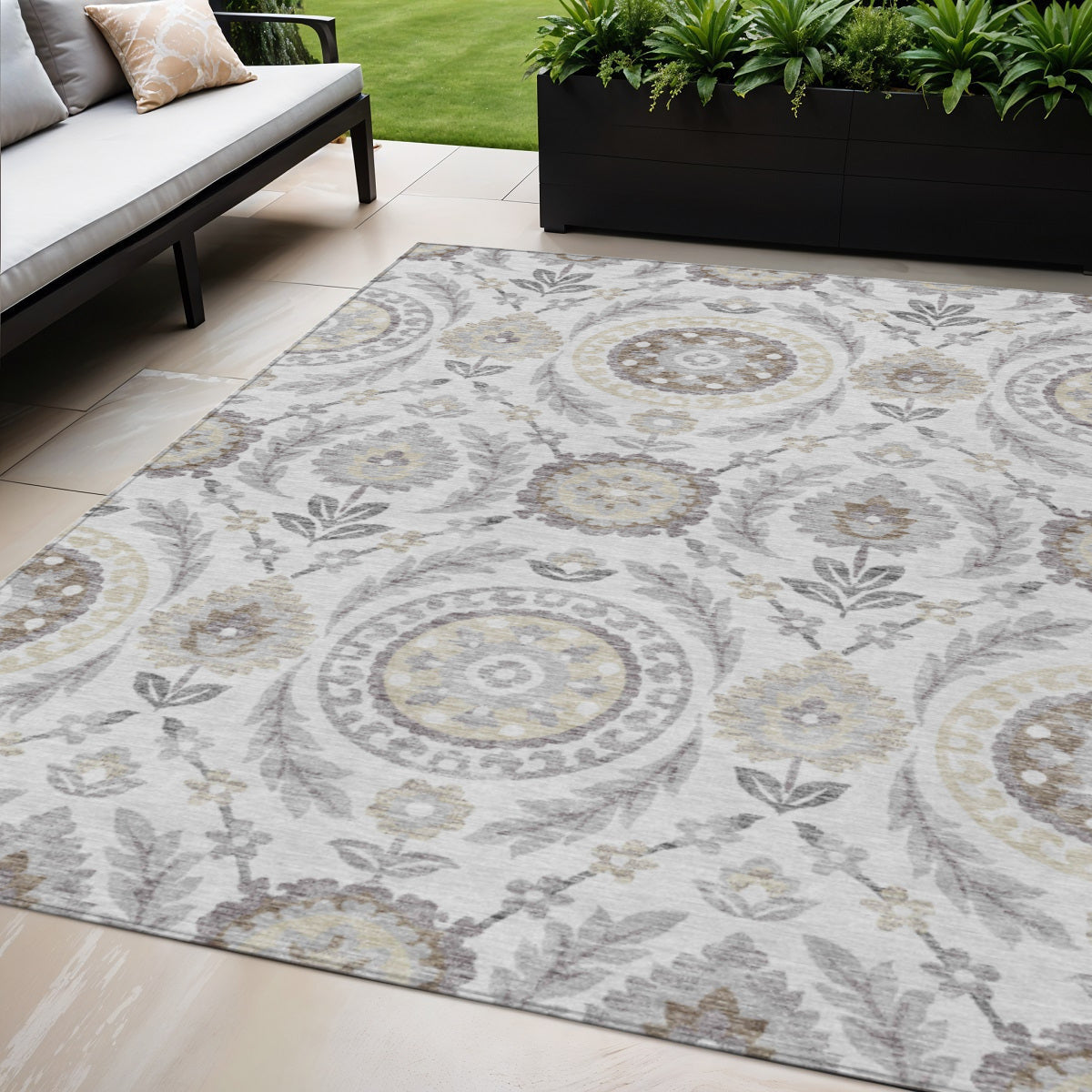 5 X 8 Silver Gray And Taupe Floral Washable Indoor Outdoor Area Rug