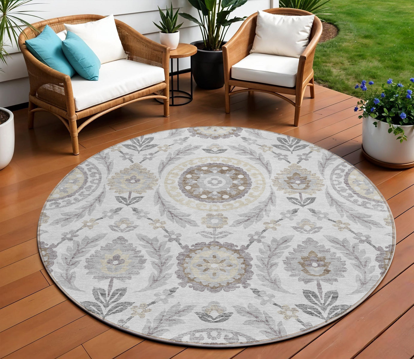8 Silver Gray And Taupe Round Floral Washable Indoor Outdoor Area Rug