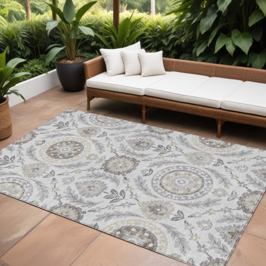 10 X 14 Silver Gray And Taupe Floral Washable Indoor Outdoor Area Rug