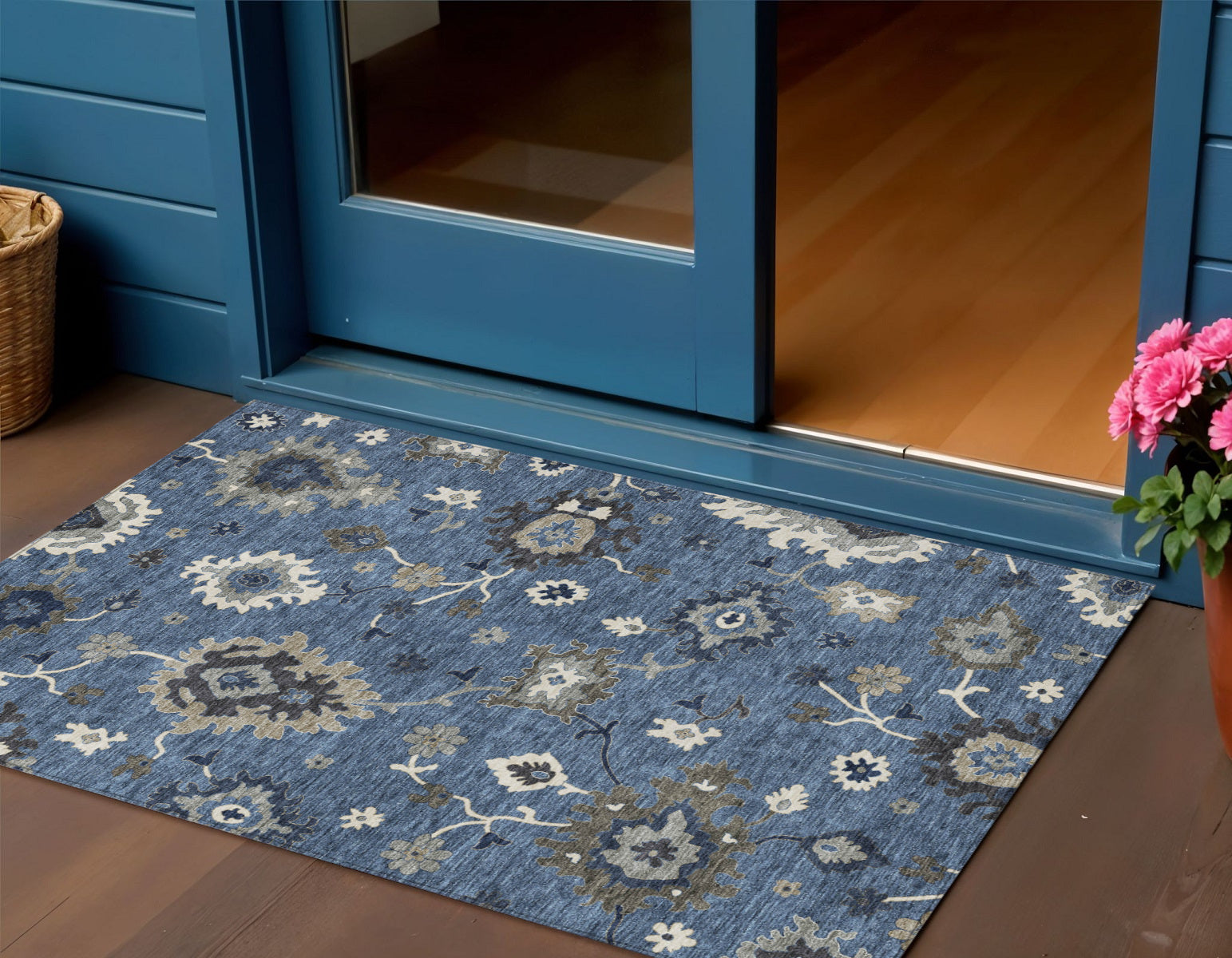 3 X 5 Blue Gray And White Floral Washable Indoor Outdoor Area Rug