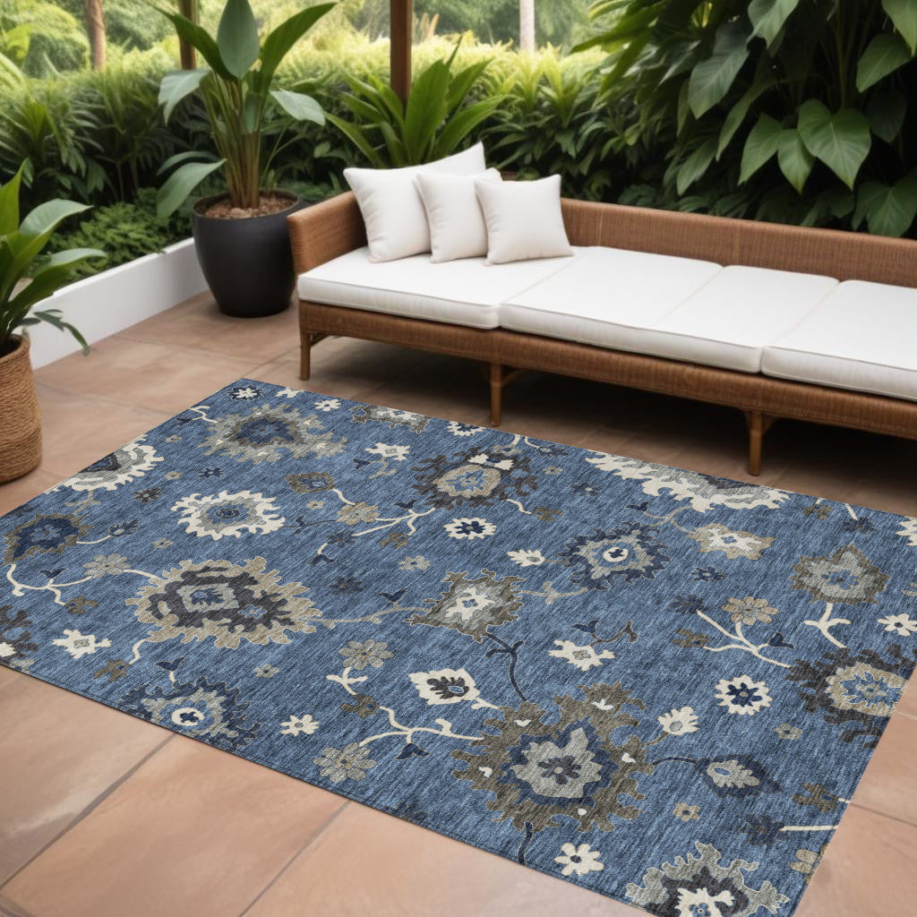 10 X 14 Blue Gray And White Floral Washable Indoor Outdoor Area Rug