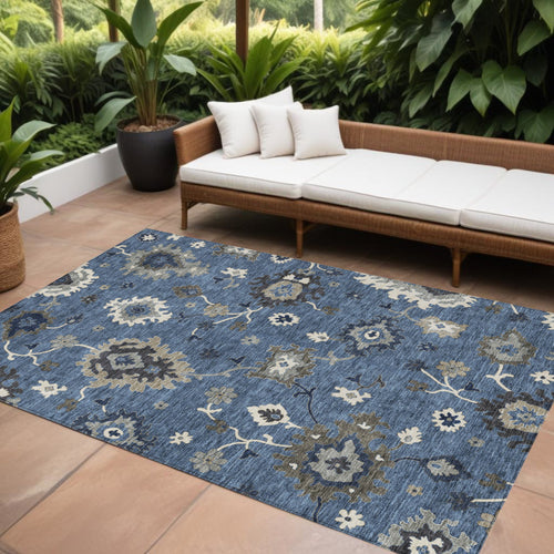 10 X 14 Blue Gray And White Floral Washable Indoor Outdoor Area Rug