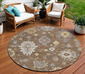 8 Chocolate Taupe And White Round Floral Washable Indoor Outdoor Area Rug