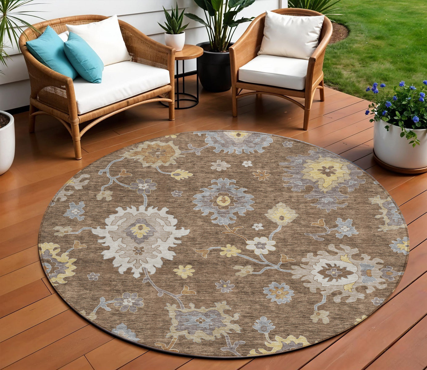 8 Chocolate Taupe And White Round Floral Washable Indoor Outdoor Area Rug