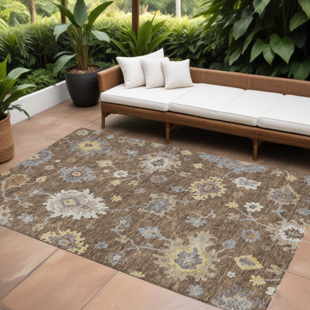 10 X 14 Chocolate Taupe And White Floral Washable Indoor Outdoor Area Rug