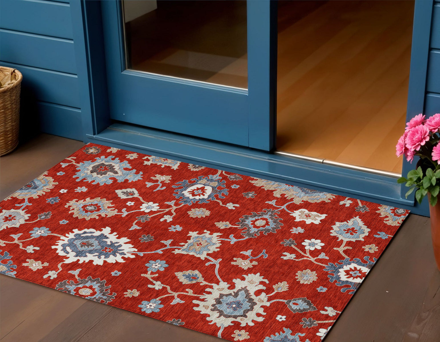 3 X 5 Red Gray And Taupe Floral Washable Indoor Outdoor Area Rug