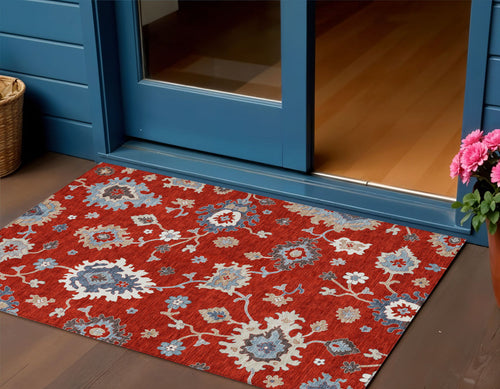 3 X 5 Red Gray And Taupe Floral Washable Indoor Outdoor Area Rug