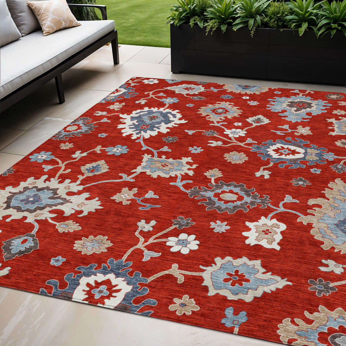 5 X 8 Red Gray And Taupe Floral Washable Indoor Outdoor Area Rug