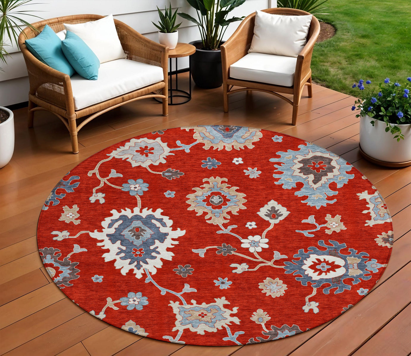 8 Red Gray And Taupe Round Floral Washable Indoor Outdoor Area Rug