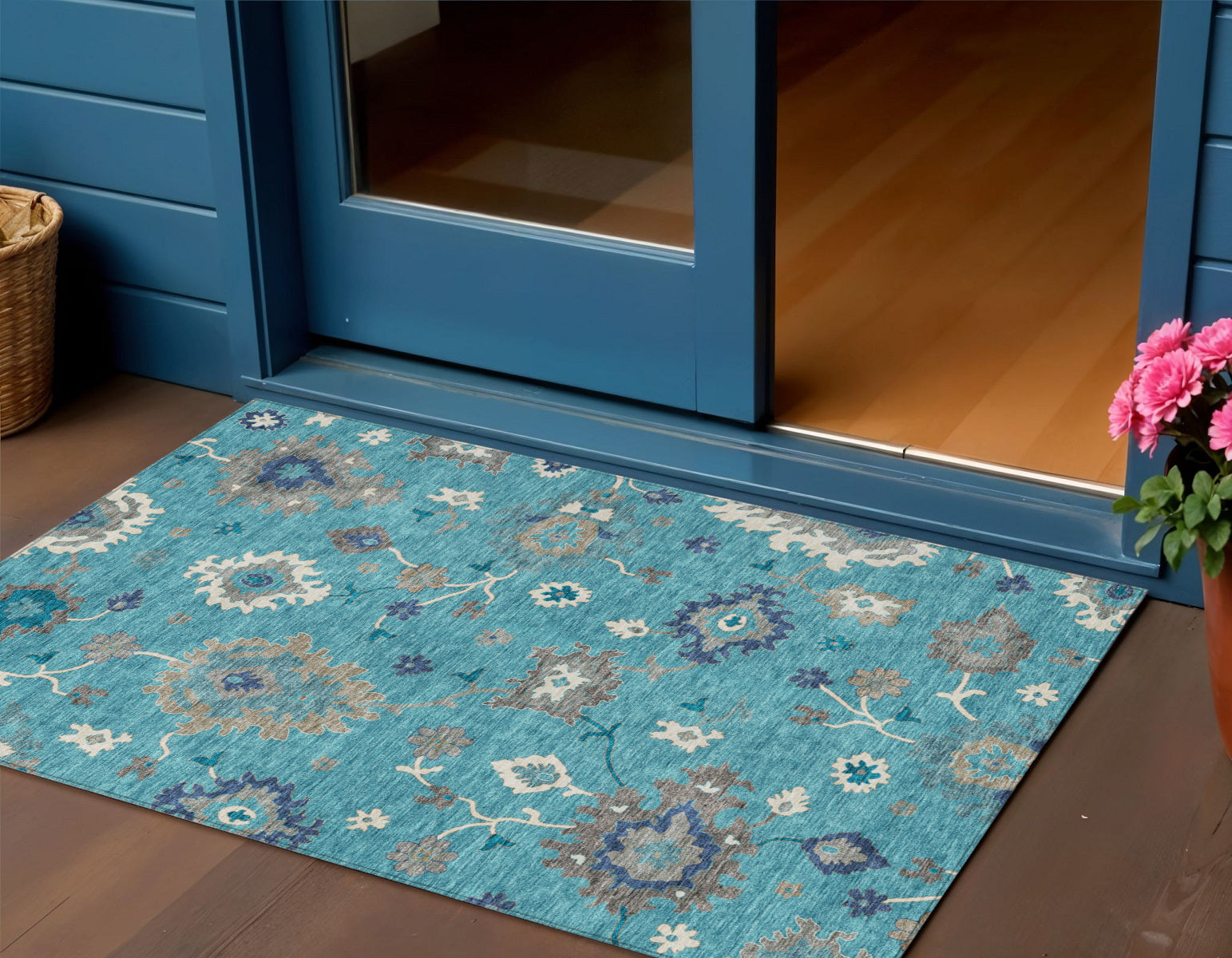 3 X 5 Teal Blue Silver And Gray Floral Washable Indoor Outdoor Area Rug