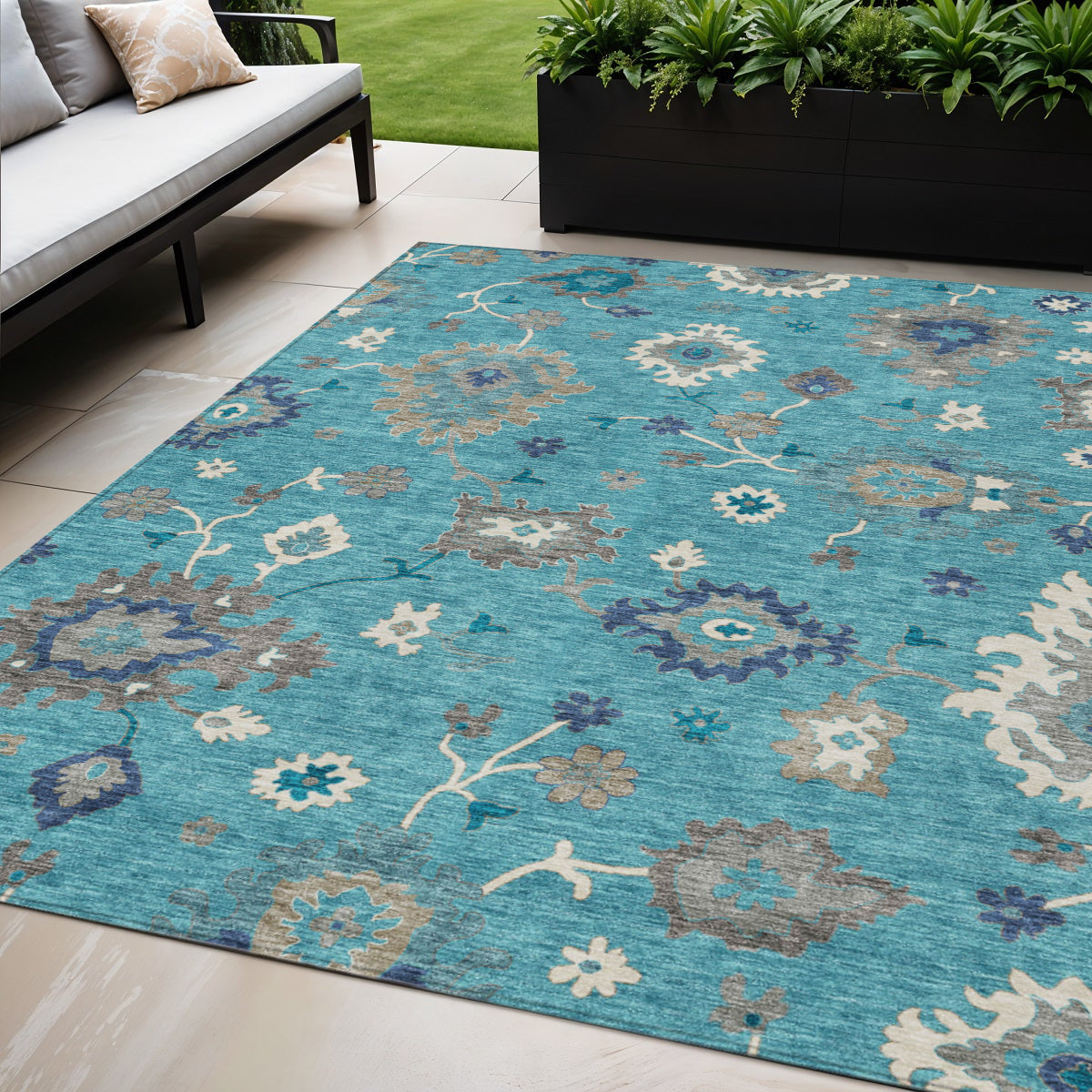 5 X 8 Teal Blue Silver And Gray Floral Washable Indoor Outdoor Area Rug