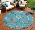 8 Teal Blue Silver And Gray Round Floral Washable Indoor Outdoor Area Rug