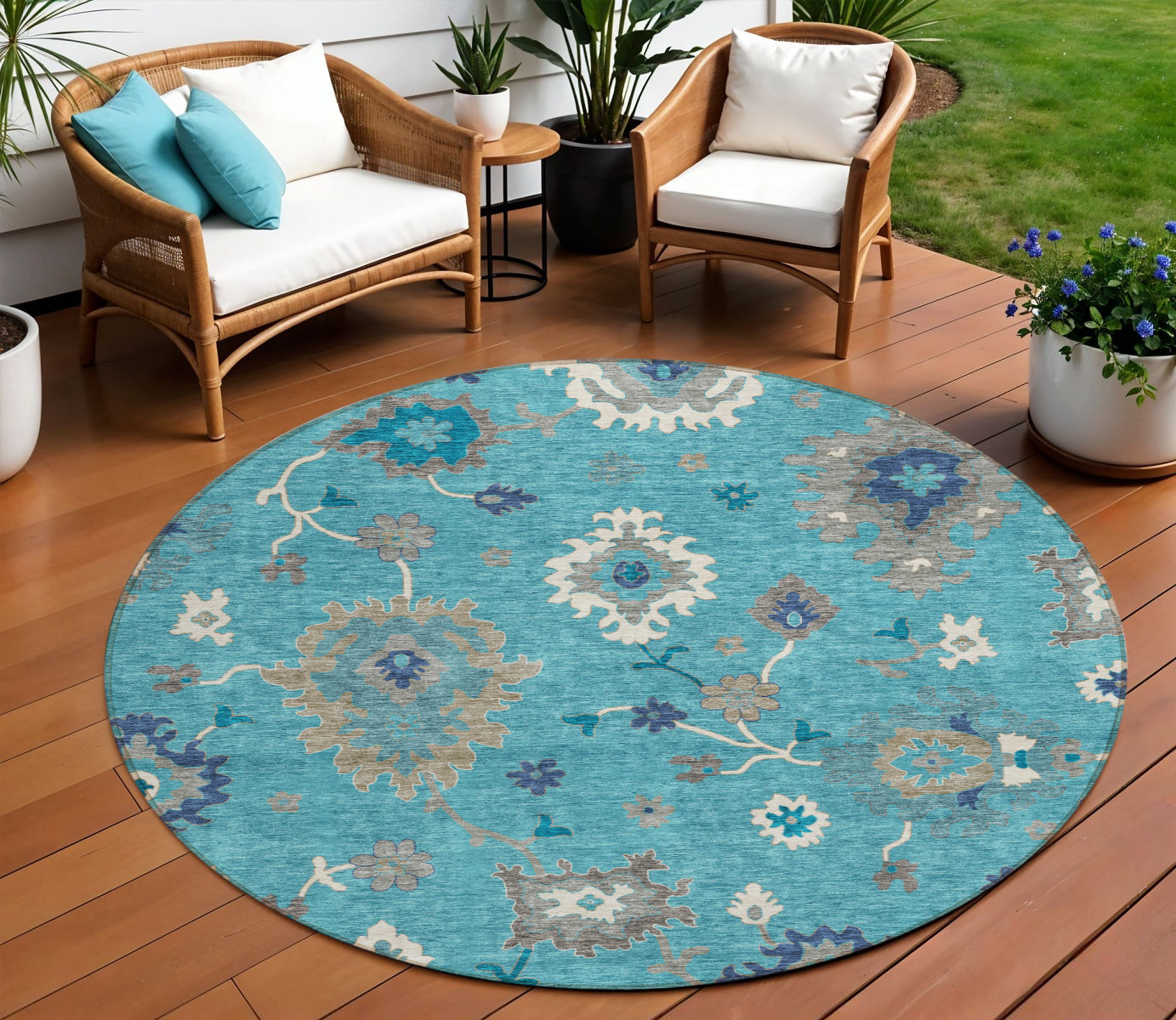 8 Teal Blue Silver And Gray Round Floral Washable Indoor Outdoor Area Rug