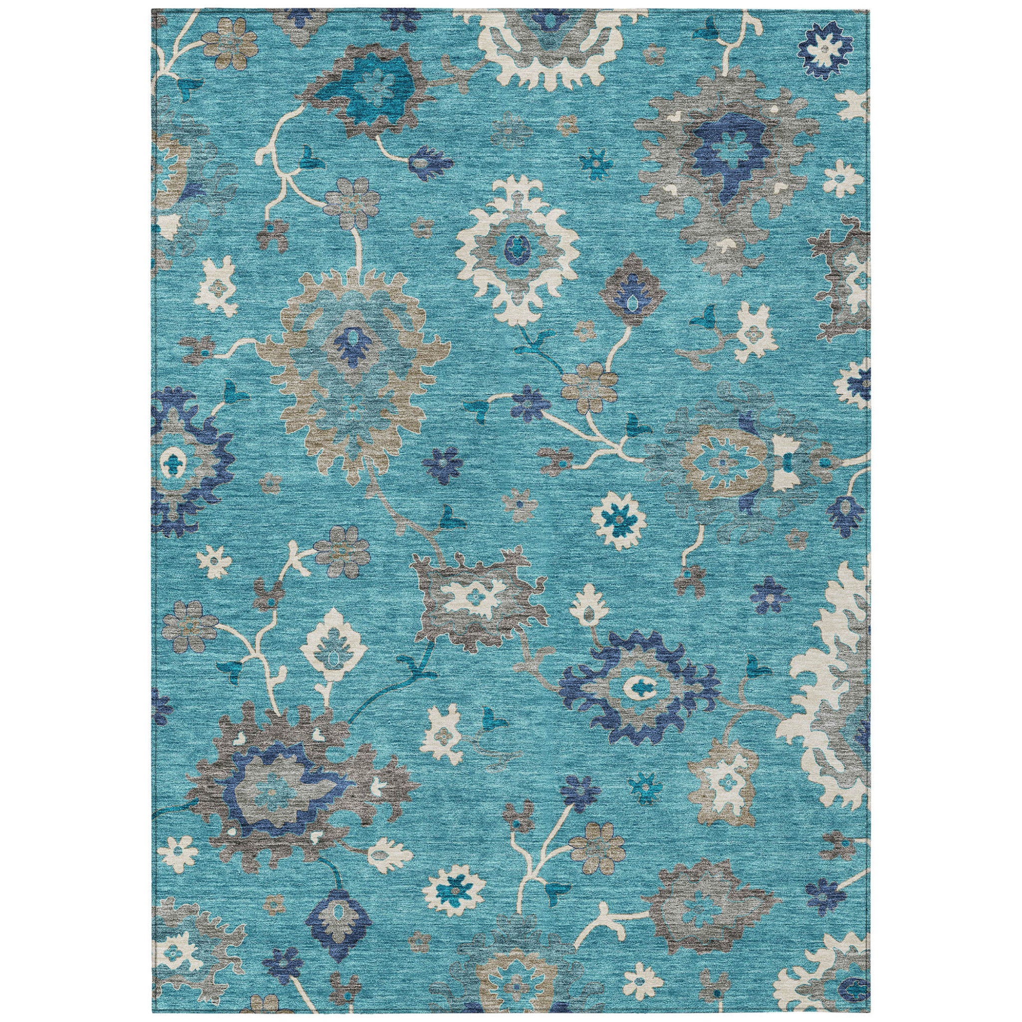8 X 10 Teal Blue Silver And Gray Floral Washable Indoor Outdoor Area Rug