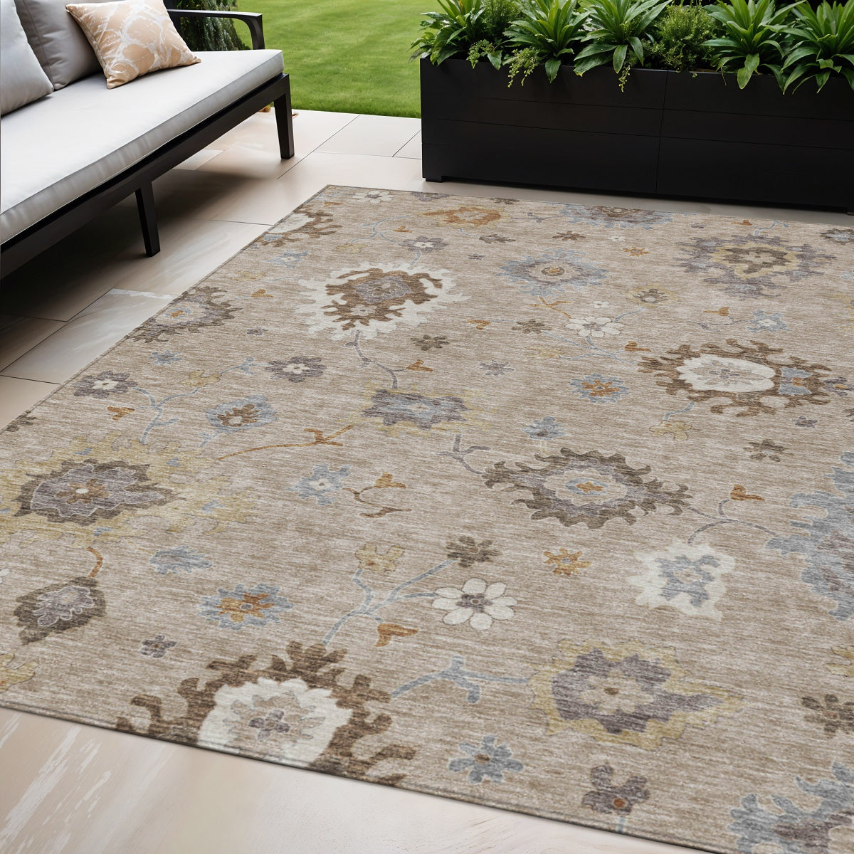 5 X 8 Taupe Silver And Gray Floral Washable Indoor Outdoor Area Rug