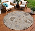 8 Taupe Silver And Gray Round Floral Washable Indoor Outdoor Area Rug