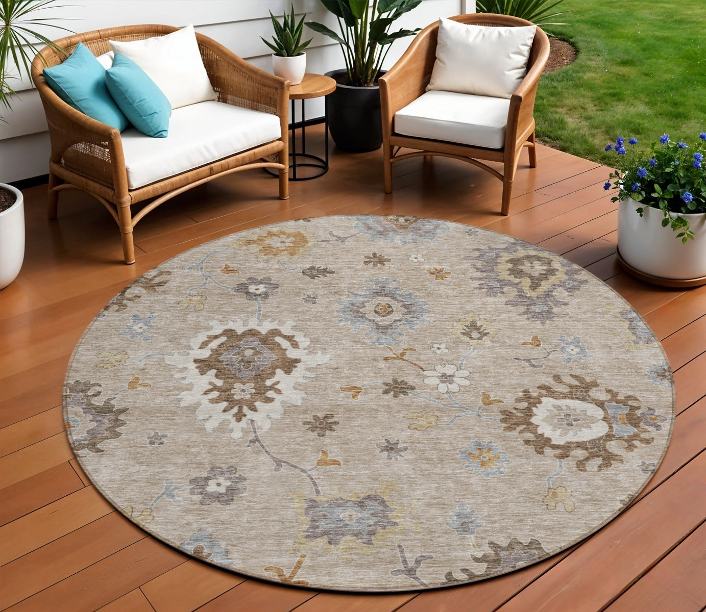 8 Taupe Silver And Gray Round Floral Washable Indoor Outdoor Area Rug