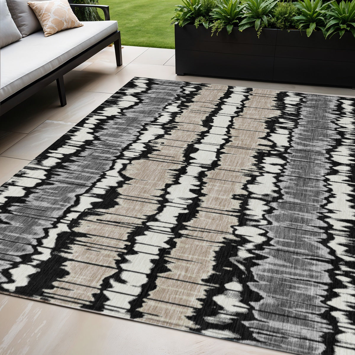 5 X 8 Black Silver And Gray Striped Washable Indoor Outdoor Area Rug