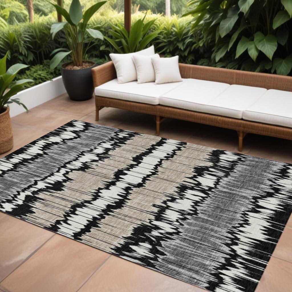 8 X 10 Black Silver And Gray Striped Washable Indoor Outdoor Area Rug