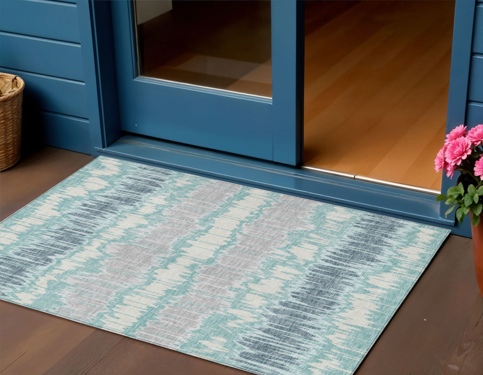 3 X 5 Teal Blue Aqua And Silver Striped Washable Indoor Outdoor Area Rug