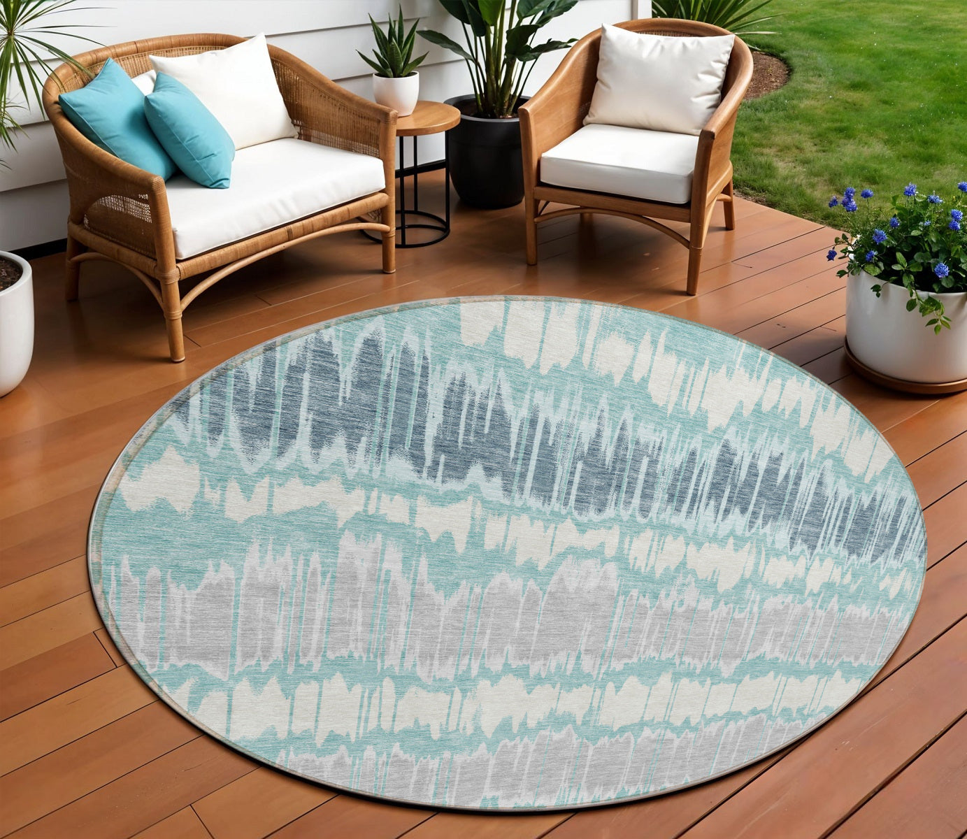 8 Teal Blue Aqua And Silver Round Striped Washable Indoor Outdoor Area Rug
