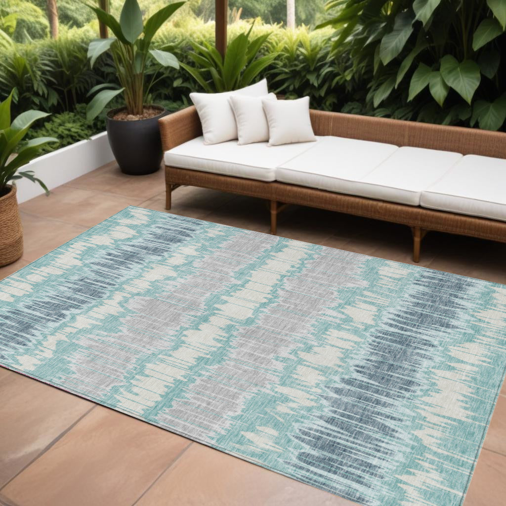 8 X 10 Teal Blue Aqua And Silver Striped Washable Indoor Outdoor Area Rug
