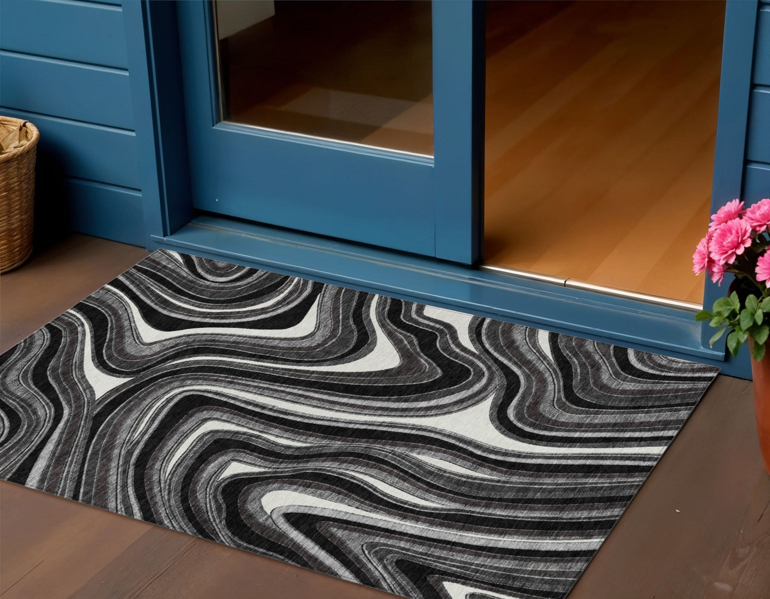 3 X 5 Black Gray And White Abstract Washable Indoor Outdoor Area Rug