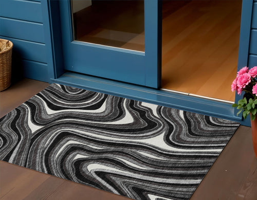 3 X 5 Black Gray And White Abstract Washable Indoor Outdoor Area Rug