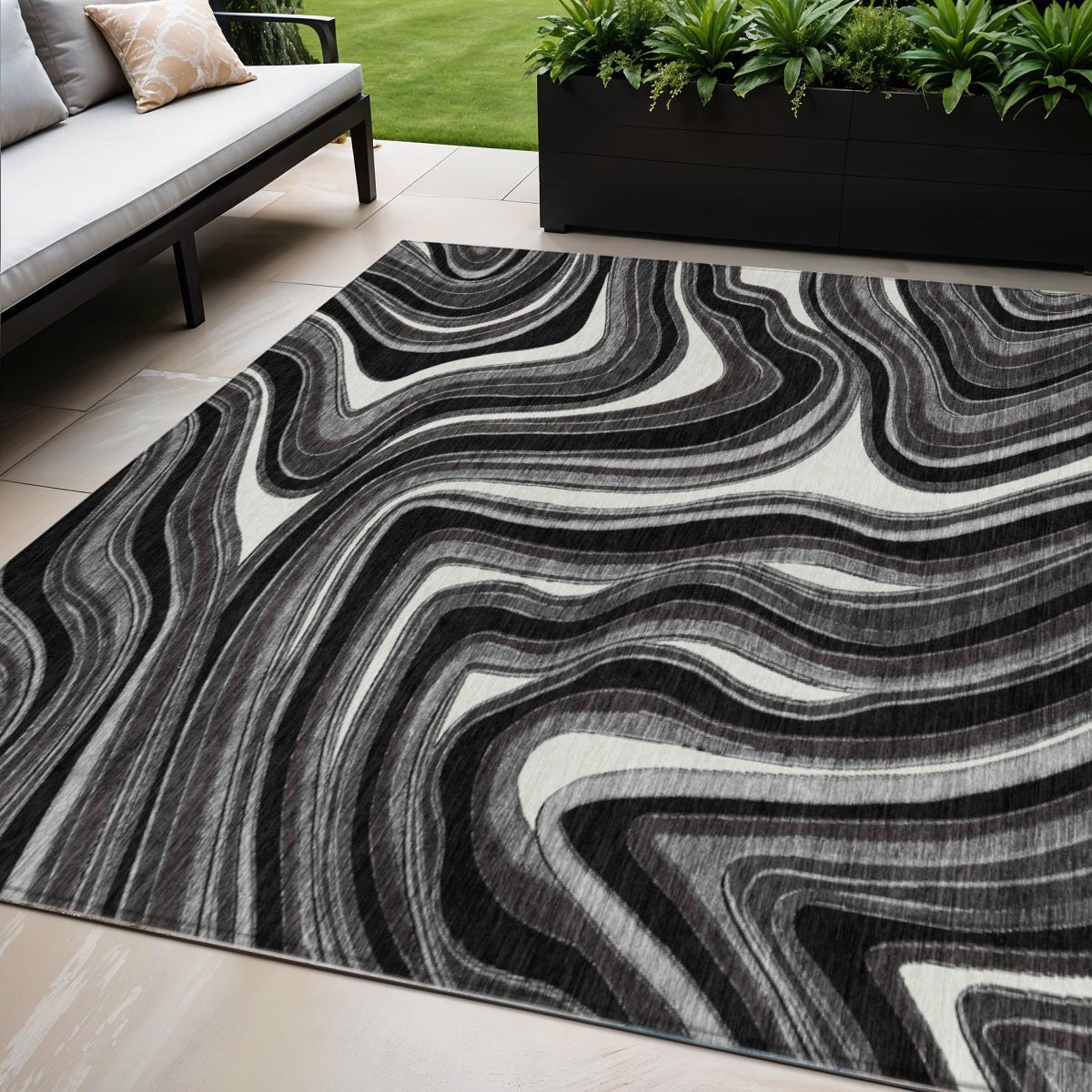 5 X 8 Black Gray And White Abstract Washable Indoor Outdoor Area Rug