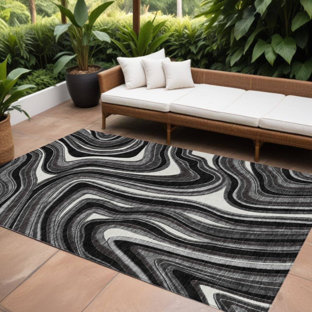 8 X 10 Black Gray And White Abstract Washable Indoor Outdoor Area Rug