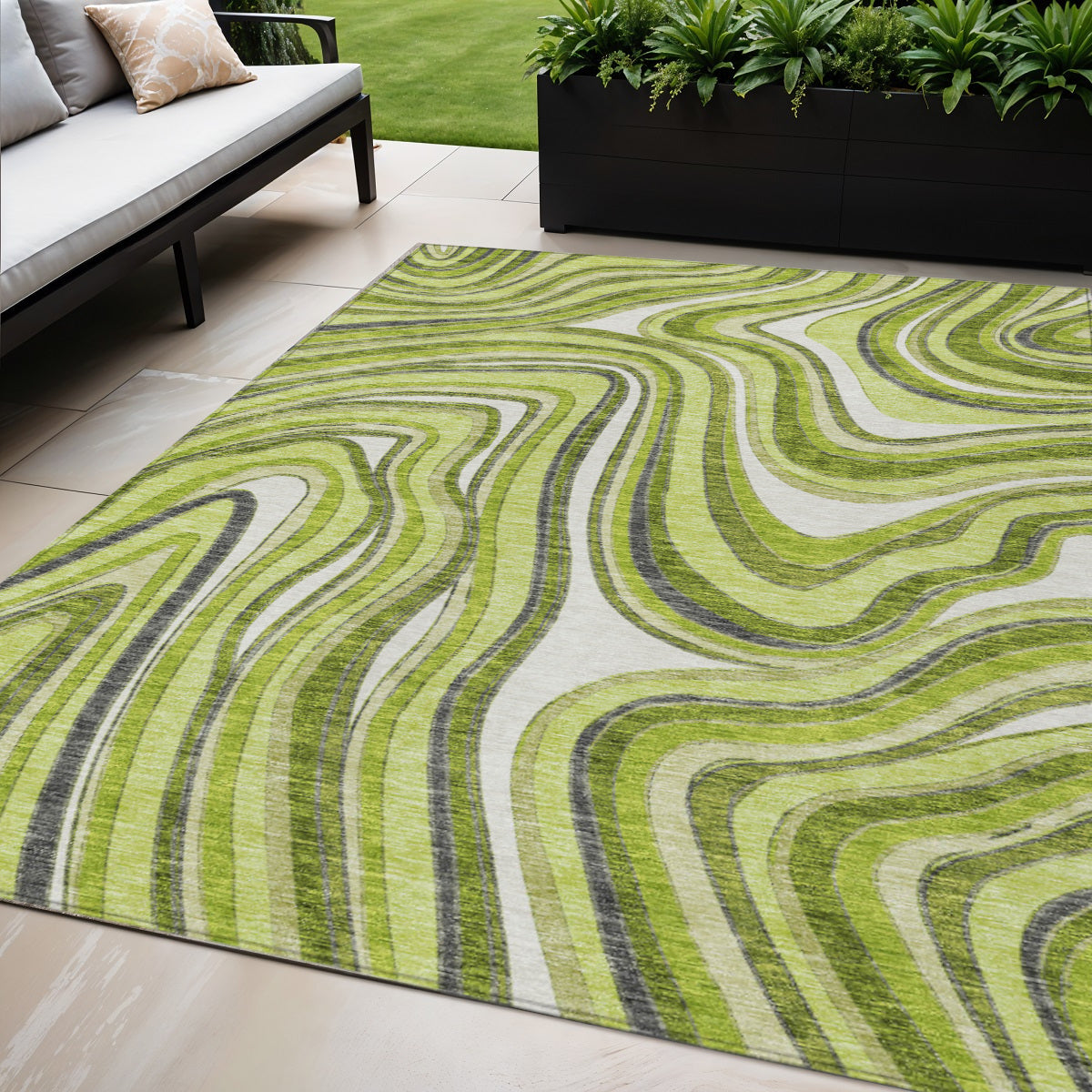 5 X 8 Lime Green And Charcoal Abstract Washable Indoor Outdoor Area Rug