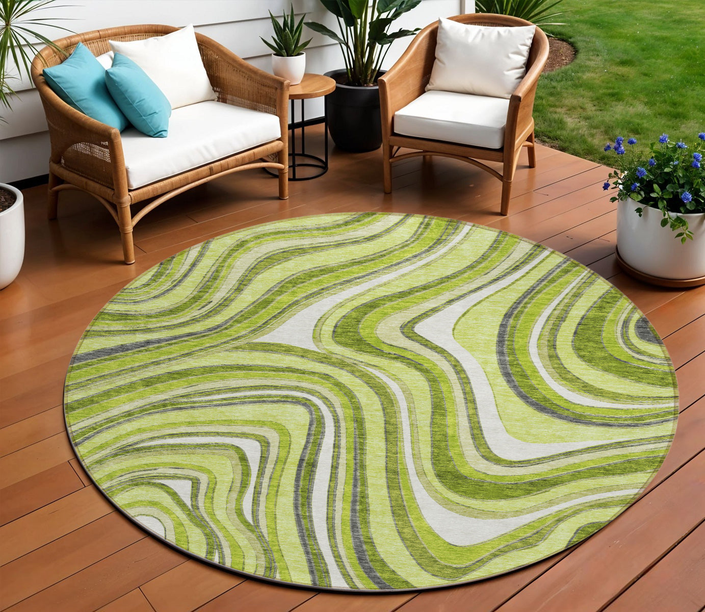 8 Lime Green And Charcoal Round Abstract Washable Indoor Outdoor Area Rug