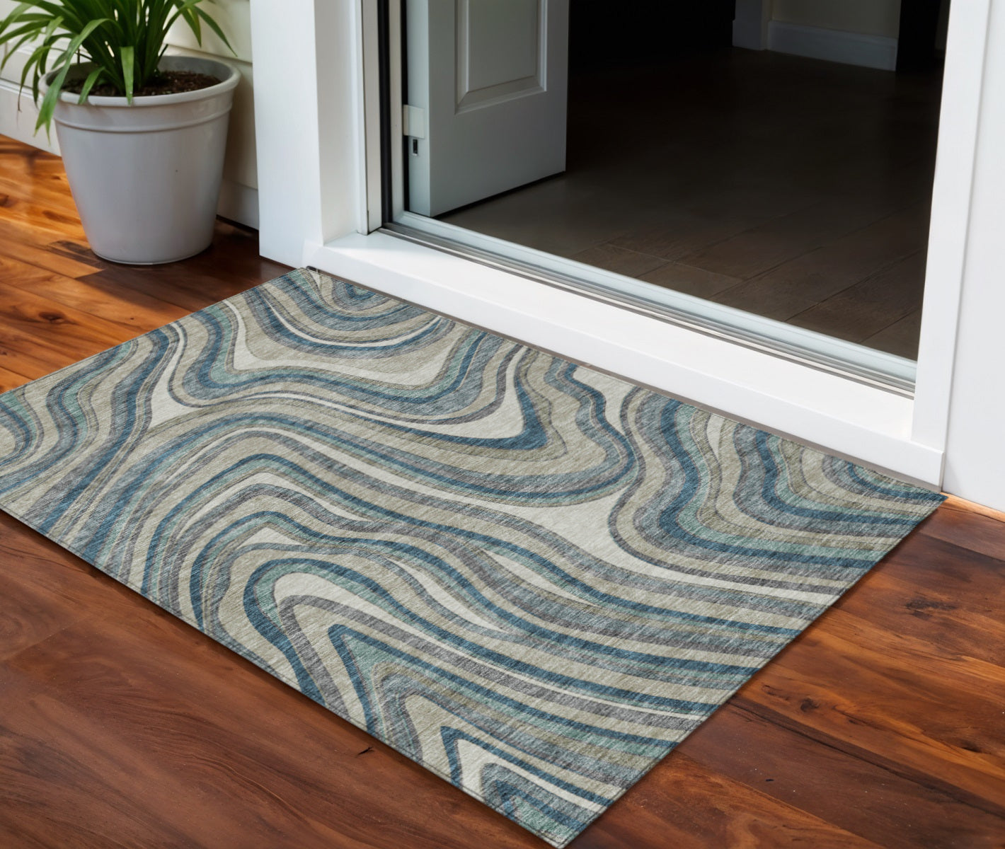 3 X 5 Teal Blue Gray And Taupe Abstract Washable Indoor Outdoor Area Rug