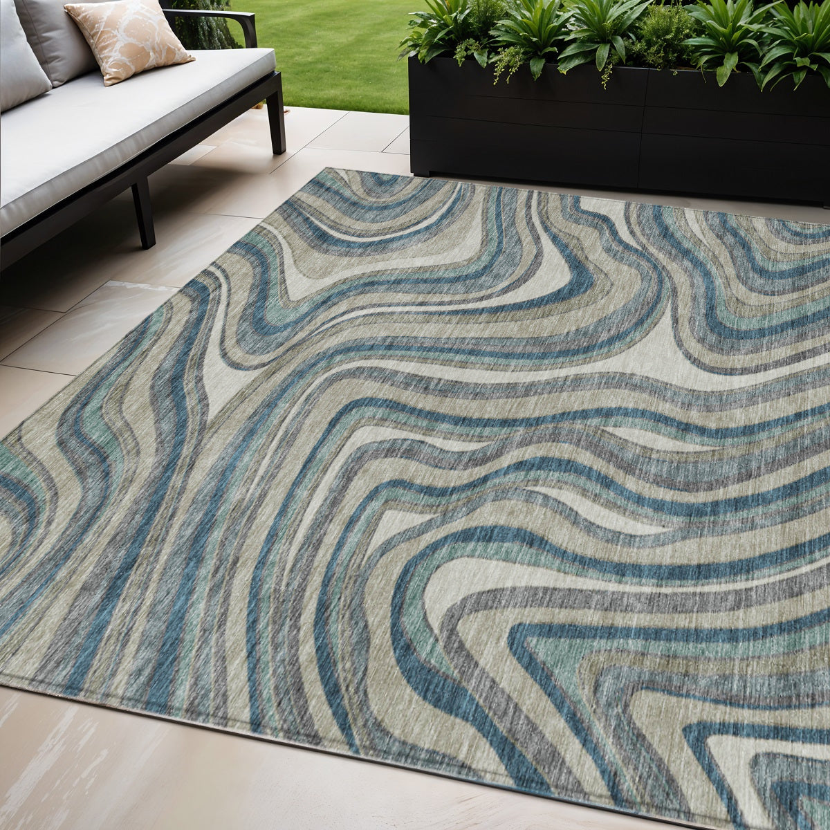 5 X 8 Teal Blue Gray And Taupe Abstract Washable Indoor Outdoor Area Rug